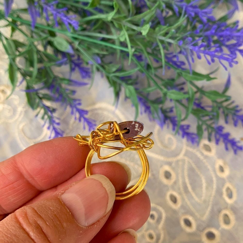 Unique Ocean Jasper In Gold Wire Wrap Artisan Crafted Ring - Picture 9 of 10